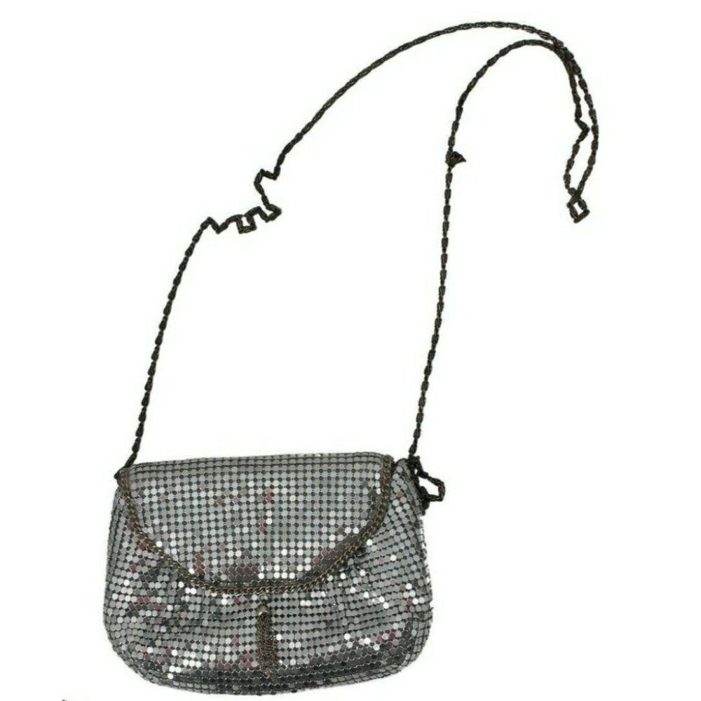 Vintage Silver Metal Mesh Crossbody Tassel Front Evening Bag Chain Strap Purse